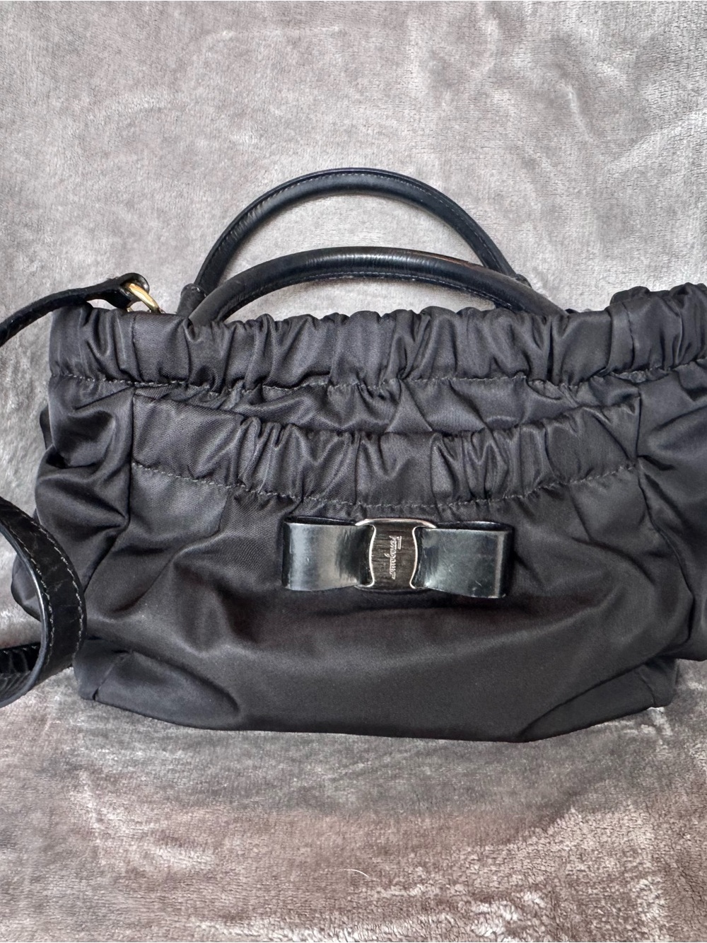 Salvatore Ferragamo Black Ruched Shoulder Bag with Vara Bow